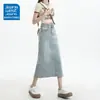 Saia Jeans de Cintura Alta Cor Clara com Fenda Feminina Outono Tendência Versátil Nova Solta Versátil Pequena Linha A Comprimento