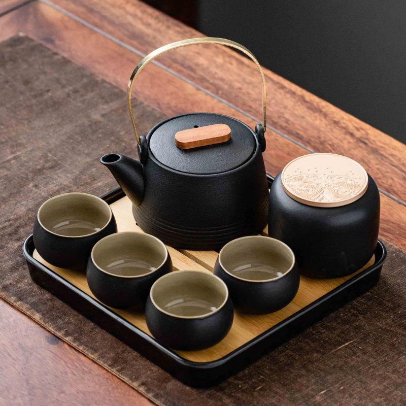 日式功夫旅行茶具套装便携包户外黑陶茶壶提梁壶茶盘一壶四杯LO