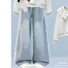 Conjunto de duas peças estilo coreano 2026, roupa dopamina, nova moda primavera/outono, camisa estilo boneca com gola e laço e calça jeans