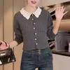 Cárdigan de punto cruzado para mujer estilo Chanel, con cuello polo, bloques de color, de un solo pecho, holgado, a la moda, de manga larga, tejido de ochos