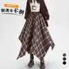 Roupa Feminina Saia Xadrez Irregular 2026 Outono Vintage Xadrez Cintura Elástica Emagrecedora Comprimento Médio Saia Evasê