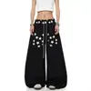 Direto do fabricante: Calça de moletom estilo americano, design reversível, estampa de estrelas, perna curva, unissex, modelagem solta, perna larga para dança jazz