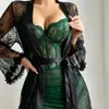 Camisola Curta Sexy Assimétrica de Cruzamento, Que Abraça o Quadril, Roupão de Renda em Malha, Conjunto de Loungewear Transparente de Manga Longa, Item Quente de Comércio Exterior