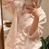 Conjunto delicado de gaze dupla rosa floral com gola franzida, doce conjunto de cardigã para casa