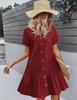 Vestido de mujer de verano 2025 de un solo botón Vestido holgado con bolsillo Bajo con volantes Manga corta casual