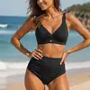 Bikini Zeriluna Rayado Texturizado con Giro Delantero Hueco para Vacaciones en la Playa Traje de Baño Francés Transpirable y Cómodo