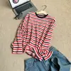 Camiseta de Manga Larga a Rayas Rojas Estilo Retro Coreano con Caída Estilo Americano, Estilo Perezoso, Adelgazante, Versátil, Bloqueo de Color, Camisa Transpirable con Protección Solar para Aire Acondicionado