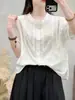 Cardigan de encaje bordado de color sólido nuevo estilo coreano para mujer, top de camisa de manga corta con cuello alto