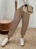 Pantalones Harem Cortos de Lino Color Sólido Estilo Europeo y Americano, Cintura Elástica Sueltos Dobladillo Enrollado Algodón-Lino Casual Tipo Zanahoria