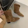 Botines de Tacón Grueso Estilo Coreano con Terciopelo Plus para Mujer 2026 Primavera/Otoño Nuevos Botas Vaqueras Occidentales de Punta Cuadrada Botas Adelgazantes de Media Caña con Hebilla de Cinturón