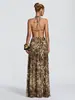 Falda Maxi Larga de Cintura Alta Estampado de Leopardo Marrón Retro Cintura en V Volante Retorcido Estilo Chica Caliente Europea y Americana Falda Midi Estampada