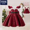 Vestido Infantil Navideño Vestido de Princesa Lentejuelas Mangas Abullonadas Lazo Rojo Moda Banquete Vestido de Noche Vestido de Princesa