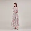 Moda Otoñal Vestido Floral Versátil para Mujer 2026 Nuevo Estilo Cuello en V Manga Tres Cuartos Elegante Vestido Largo para Mujer