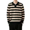 Transfronterizo Se Puede Enviar en Nombre de 25 Camisa de Otoño e Invierno Cuello Solapa Tejido de Punto Rayas Anchas Tejido de Punto para Hombre Joven 9
