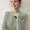 Cárdigan de Cachemir para Mujer Estilo Otoño e Invierno 100% Cachemir Puro Rayado Ajustado de Cuello Semi Alto Color Sólido Suéter de Punto Chaqueta