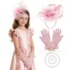 Bestseller transfronterizo guantes de encaje de princesa para niños, tocado de malla con plumas, sombrero para festival de carreras de caballos, set de tocados para fiesta