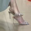 Versátiles Nuevos Tacones Altos Adelgazantes Transparentes con Pedrería Cruzada, Punta Fina, Elegantes y Sexys, Impresionantes Sandalias de Punta Cerrada para Mujer en Verano