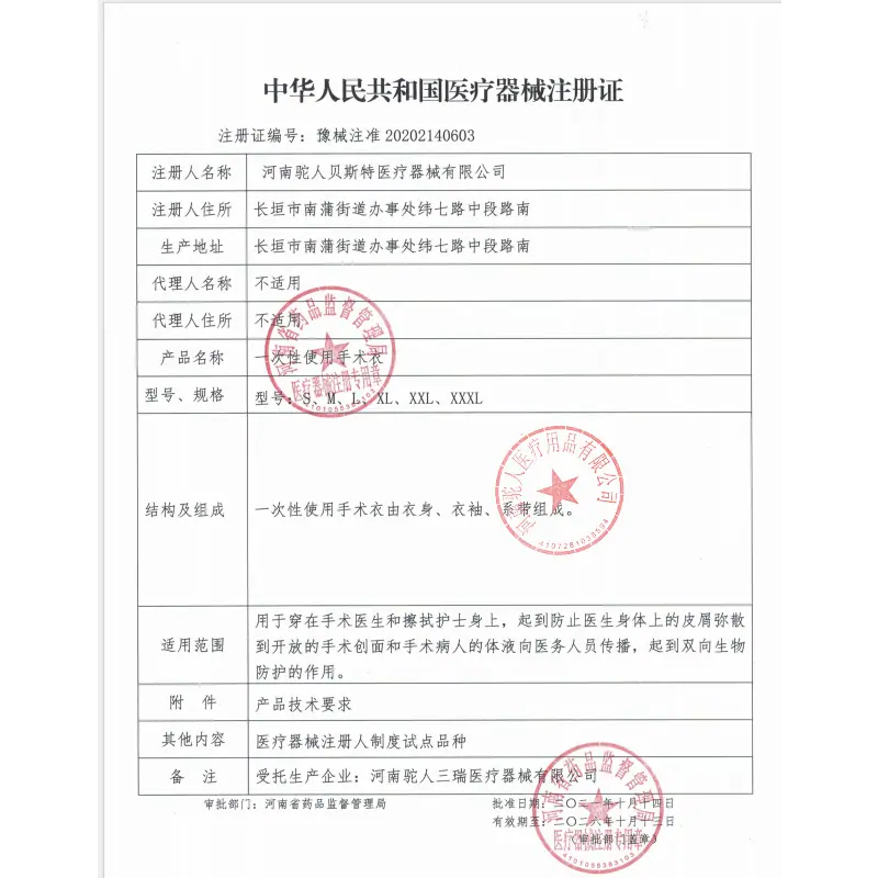 手术衣注册证