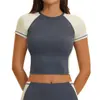 Camiseta de Amazon transfronteriza con bloques de color, mangas raglán, cuello redondo, manga corta deportiva, para correr al aire libre, fitness, yoga para mujer 2567