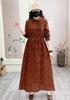 Primavera y Otoño Nuevo Retro Algodón y Lino Estampado Plisado Solapa Manga Larga Vestido con Cordón para Mujer Suelto Adelgazante Falda Línea A