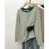 Camiseta de algodón puro estilo coreano insi con cuello redondo para mujer, de manga larga a rayas, para primavera y otoño 2026 otoño/invierno, corte holgado, camiseta básica