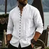 Nueva Camisa de Lino Transpirable Casual para Hombre de Manga Larga con Cuello Alto, Estilo Chino Nuevo, Bolsillo, Otoño, Transfronterizo de Amazon