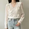 Blusa de Chifón con Volantes y Encaje de Manga Larga, Estilo Francés Commuter, Nueva de Verano para Mujer en AliExpress Europeo y Americano