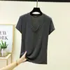 Camiseta de Verano Nueva de Modal con Cuello en V de Manga Corta para Mujer, Sencilla, Versátil, Adelgazante, Capa Base, Holgada, Casual, Talla Grande