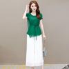 High-end Western Style Chiffon Terno Verão Feminino Novo Solto Tamanho Grande Gaze Respirável Moda de Manga Curta Conjunto de Duas Peças