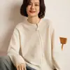 Jaqueta de Tricô Feminina Nova de Caxemira Outono/Inverno Gola Redonda Zíper Duplo Botão de Pérola Modelagem Solta Casual Top