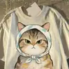 Camiseta de Algodão Puro Manga Curta Estilo Retro Japonês de Verão para Homens e Mulheres 2026 Nova Estampa de Gato Roupas de Casal para Estudantes do Ensino Médio
