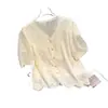 Camisa de Manga Corta con Cuello Bordado de Mariposa Tridimensional para Mujer, Ribete de Encaje, Ligera, Rejuvenecedora, Cárdigan Pequeño, Diseño de Moda