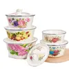 Bacia de banha de esmalte espessa com tampa, recipiente de banha resistente ao calor, tigela de mistura e tigela de massa, esmalte antigo, bacia de pote de remédios nostálgica