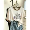 Camiseta de algodón de manga corta para mujer, con bloques de color, hombros normales y diseño de copo de nieve, de nicho y elegante, adecuada para ir al trabajo, adelgazante y versátil, un artículo popular para el verano de 2026