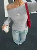 Ropa de Mujer Estilo Chica Popular Caliente Transfronterizo Retro Americano Top a Rayas de un Hombro Ajustado Versátil Camiseta de Manga Larga