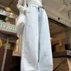 Calça Larga Listrada Azul com Laço Estilo Coreano para Mulheres, Novo Modelo Verão 2026, Calça Casual Reta Drapeada de Cintura Alta Emagrecedora