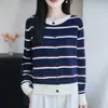Cardigã de malha listrado color-block estilo coreano, suéter feminino outono e inverno, peça externa curta, algodão puro, gola redonda, top versátil