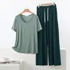 Conjunto de dos piezas de camiseta de manga corta con cuello en V de modal y pantalones de pierna ancha, conjunto casual holgado para mujer talla grande de primavera/verano
