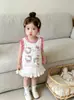 Vestido chaleco para niñas con bloques de color, mangas con volantes rosas, lunares y estampado lindo, adecuado para que lo usen las bebés al aire libre, falda de longitud media