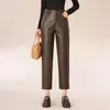 Calça Cropped Fashionável Slim-Fit de Couro PU Outono/Inverno 2026, Estilo Coreano, Elegante de Cintura Alta Solta Afunilada para o Dia a Dia