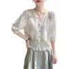 Top de Ganchillo Hueco Francés con Cuello en V y Mangas Abullonadas Diseño de Moda para Mujer Top de Cárdigan de Nicho Camiseta de Manga Corta Holgada Transpirable