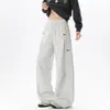 Pantalones de chándal grises con estampado de flores blancas americanas, plisados, de hoja curva, para hombre, otoño, High Street, Cleanfit, pantalones casuales, marca de moda, versátiles, de pierna ancha