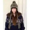 Gorro de Lana de Punto Color Café Estilo Fair Isle para Otoño e Invierno, Circunferencia de Cabeza Grande, Gorro Lei Feng, Cálido Versátil que Protege las Orejas