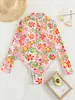 Moda Nova Estampa Floral Maiô de Peça Única Manga Longa Roupa de Mergulho Roupa de Banho Feminina Zíper Rosa Traje de Banho Europeu e Americano