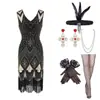 Vestido de Festa Sequin Europeu e Americano Sexy Decote V Sem Mangas Saia com Franjas Estilo Retrô Anos 1920 Gatsby