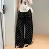 Pantalones de Lunares Blancos para Mujer, Estilo Delgado de Verano, Nuevos Pantalones de Pierna Ancha de Algodón y Lino 2026, Ajuste Casual y Relajado, Estilo Perezoso, Pantalones de Lino con Dobladillo Curvo