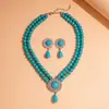 Conjunto de Joias de Alto Padrão Europeu e Americano Transfronteiriço Azul Turquesa com Pedras de Diamante Pingente de Pérola em Gota Brincos Colar Corrente de Clavícula de Nicho para Mulheres