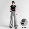 Pantalones de Chándal Adelgazantes de Cintura Alta para Mujer Otoño/Invierno Nuevos con Rayas Laterales, Pantalones de Chándal con Tres Rayas, Talla Pequeña, Forro Polar, Pantalones de Pierna Ancha Curvos