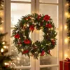 Luces de guirnalda LED de pino y ciprés navideño con bayas rojas, piñas, flores de Pascua, guirnalda decorativa, colgante para puerta, guirnalda de decoración festiva para chimenea