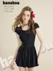 No. 161018 Traje de Baño para Adultos Estilo Nuevo Traje de Baño de una Pieza para Mujeres Verano Color Sólido Retro Cuello Redondo Ceñidor de Cintura Adelgazante